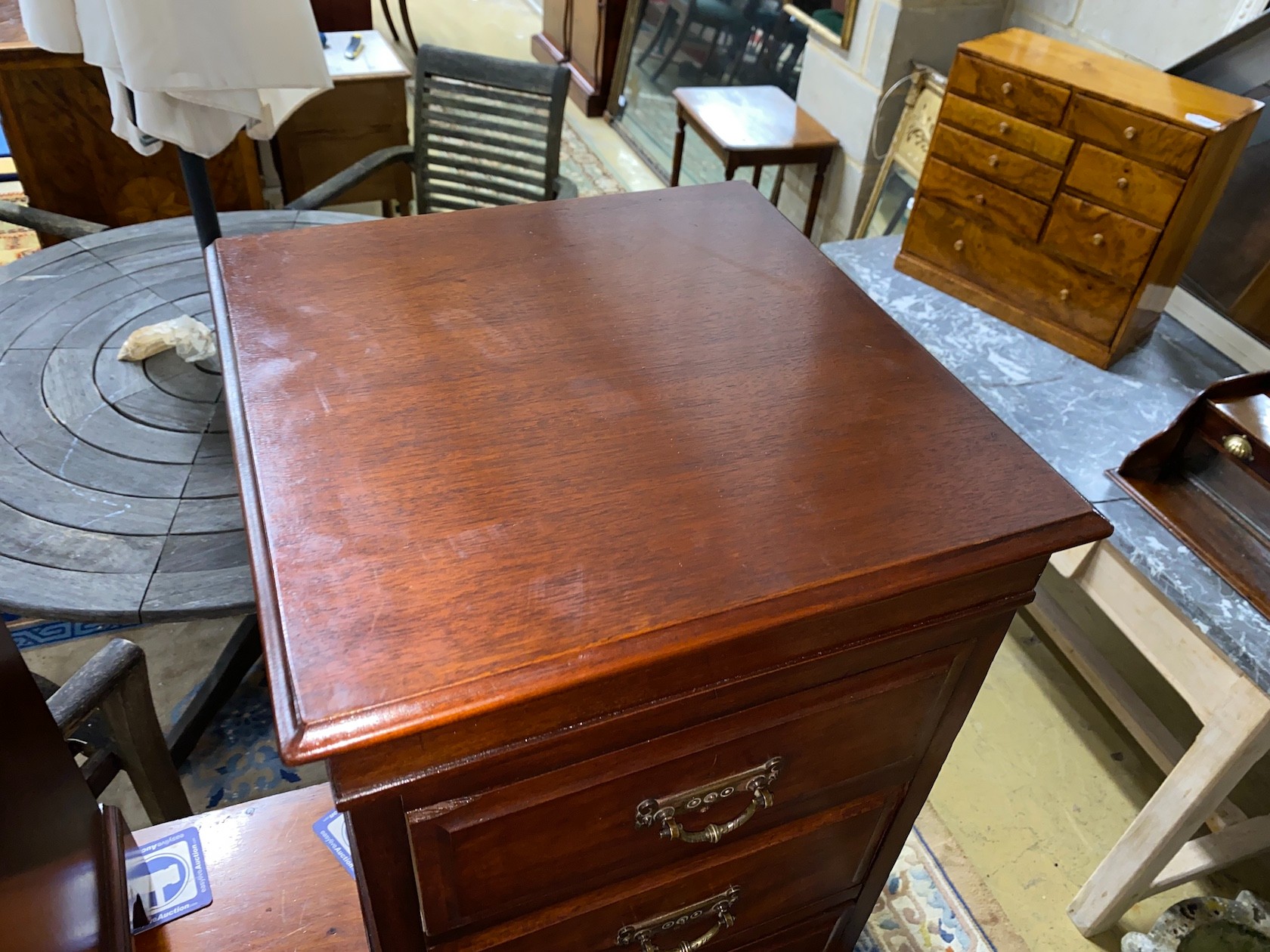 A pair of Victorian and later mahogany three drawer bedside chests (altered), width 39cm, depth 39cm, height 73cm